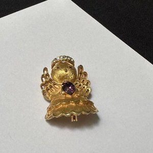 Vintage Signed Ultra Brooch Pin Gold Tone Purple Amethyst Rhinestone Angel